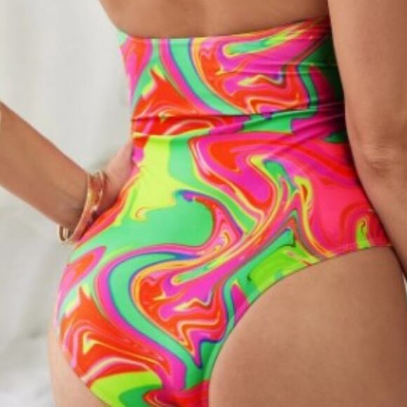 Tropical ONE PIECE Bathing Suit Sz Small Barbiecore GROOVY Hot Colors Halter NEW - Picture 4 of 12
